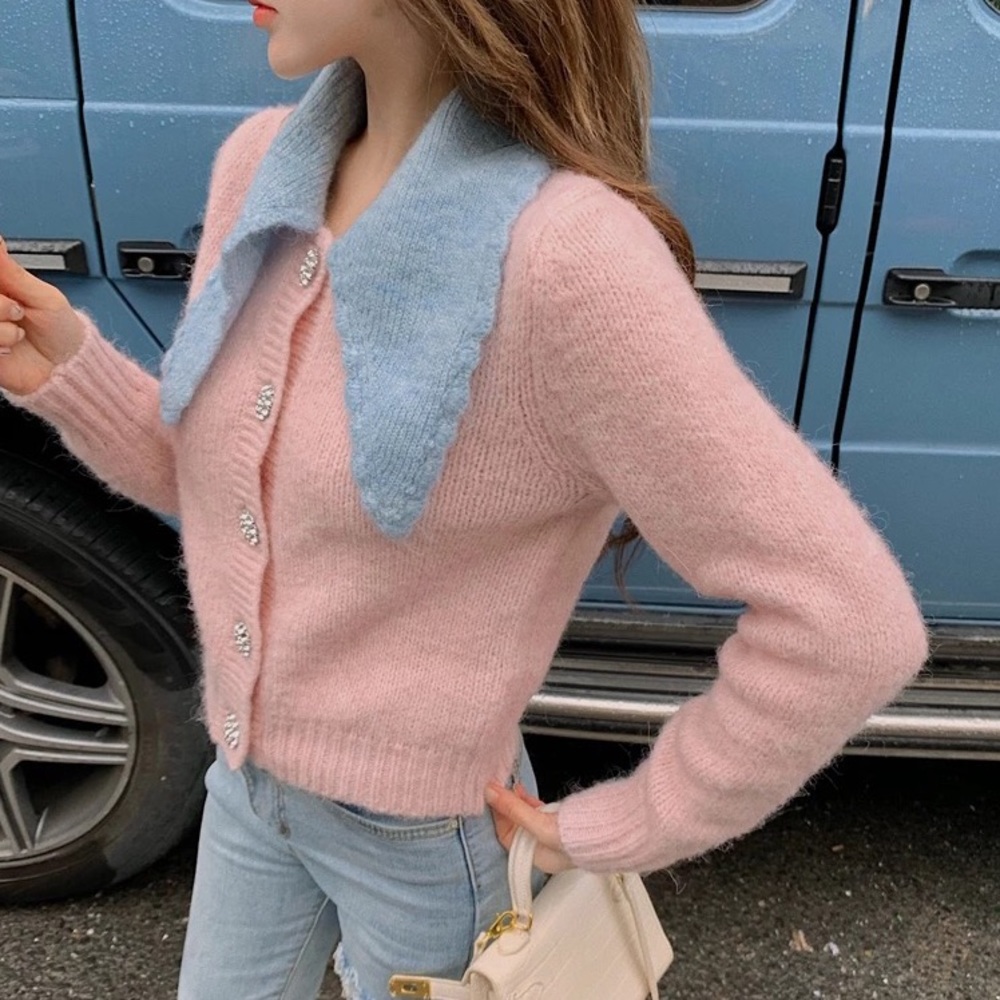Cardigan sweater stone button pink blue collar short sweater knit - Picture 4 of 11